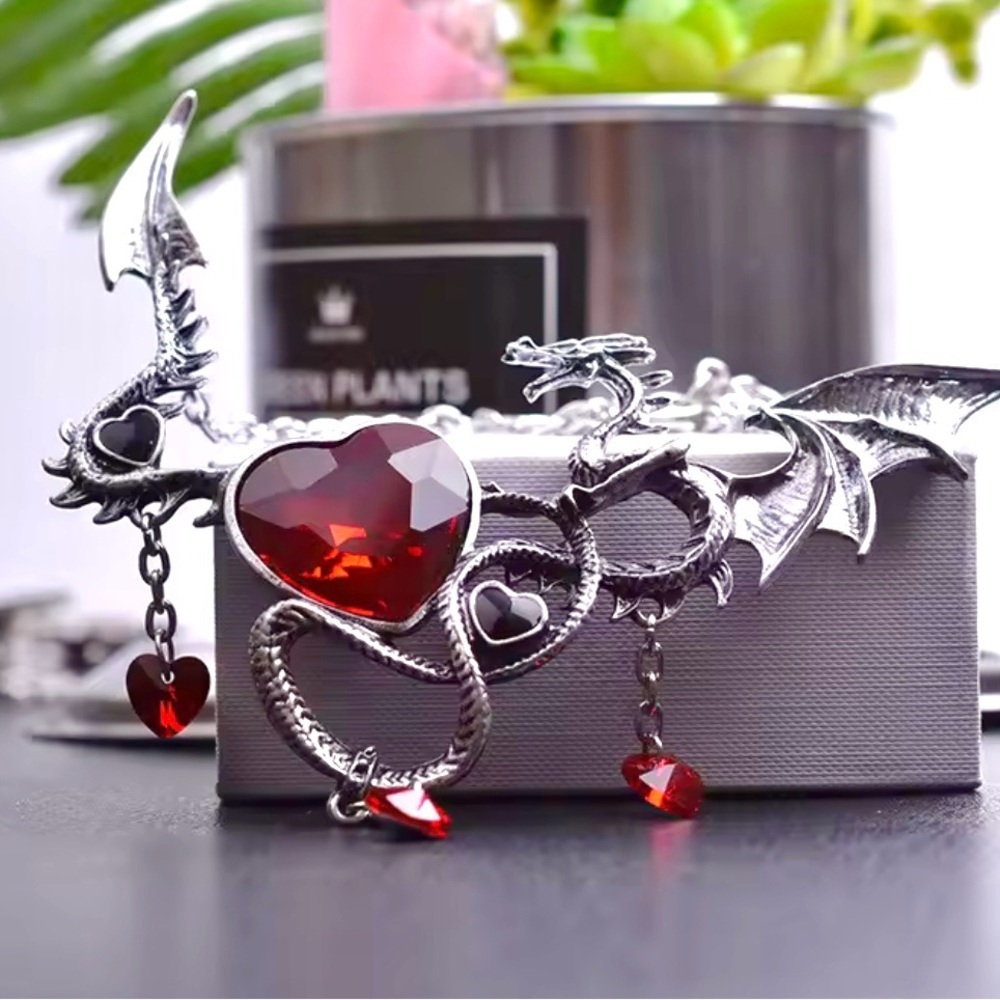 Goth Witchy Dragon Heart Crystal Pendant Necklace Halloween Cosplay - Picture 9 of 13